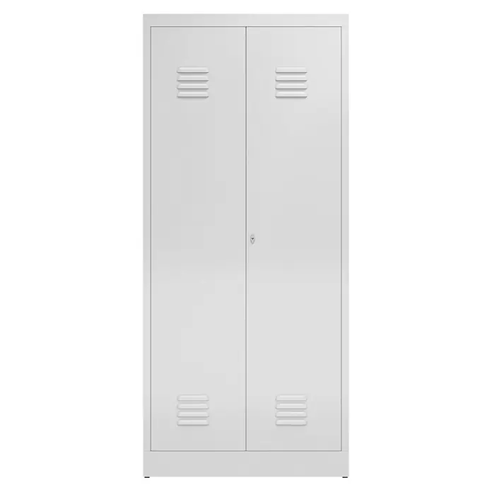 Lüllmann ClassiX Metall-Mehrzweckschrank - H x B x T: 180 x 80 x 50 cm, Lichtgrau, Fertig montiert, Anzahl Böden: 4 Stk. - Ein weißer Metallschrank mit zwei Türen und Lüftungsschlitzen zur Aufbewahrung von Gegenständen.
