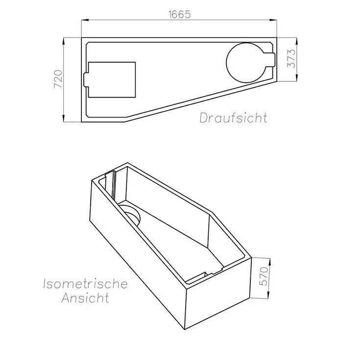 Ottofond Badewannenträger Durban B - Passend für: Badewanne Durban B 170 x 75 cm - Technische Zeichnung eines Waschbeckens mit Maßangaben. Isometrische und Draufsicht des Produkts für Installationsdetails.