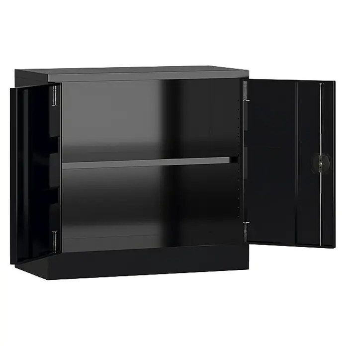 Lüllmann ClassiX Metall-Mehrzweckschrank - H x B x T: 75 x 80 x 38 cm, Tiefschwarz, Fertig montiert, Anzahl Böden: 1 Stk. - Schwarzer Werkzeugschrank mit zwei offenen Türen und einem Regalboden. Ideal zur Aufbewahrung von Werkzeugen.