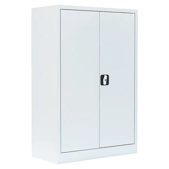 Lüllmann Metall-Mehrzweckschrank - H x B x T: 120 x 92,5 x 42,2 cm, Signalweiß, Fertig montiert, Anzahl Böden: 2 Stk. - Ein zweitüriger, weißer Metallschrank mit einem schwarzen Griff. Ideal für Büro oder Lagerung, bietet er robusten Stauraum.