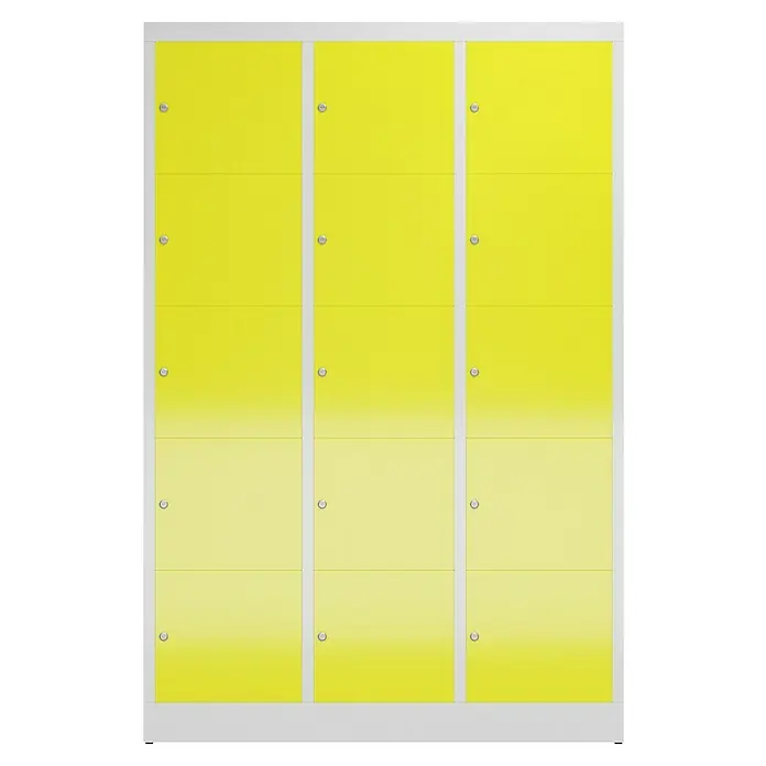 Lüllmann ClassiX Schließfachschrank - H x B x T: 180 x 118,5 x 50 cm, Lichtgrau/Zinkgelb, Fertig montiert, Anzahl Fächer: 15 Stk. - Gelbe Metallschränke mit mehreren Fächern und silbernen Schlössern, ideal für Schulen oder Fitnessstudios.