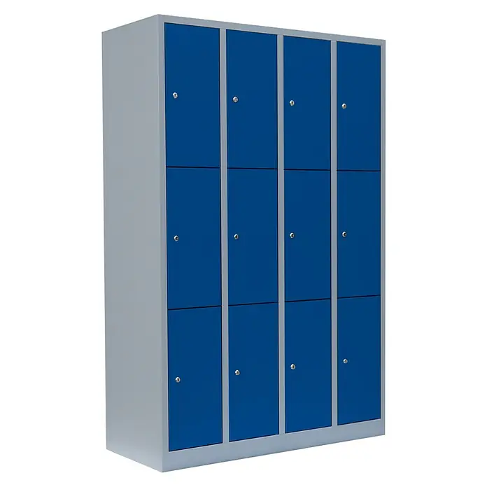 Lüllmann Schließfachschrank - H x B x T: 180 x 117 x 50 cm, Lichtgrau/Enzianblau, Fertig montiert, Anzahl Fächer: 12 Stk. - Schrankanlage mit blauen Türen und silberfarbenem Gehäuse.