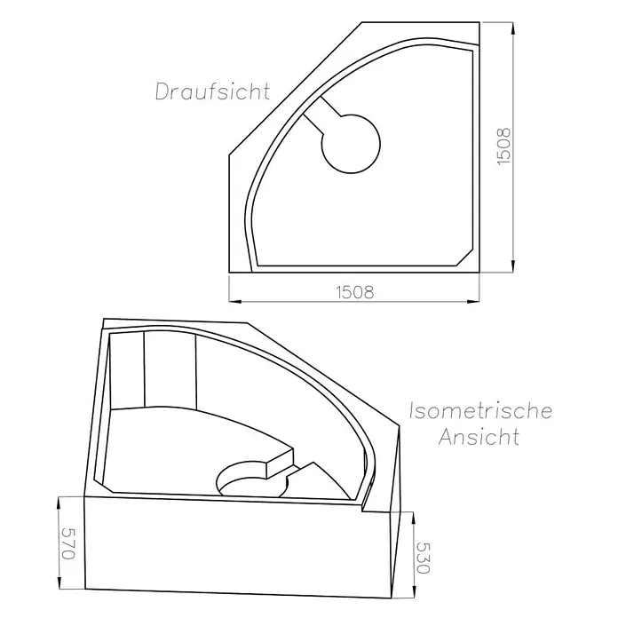 Ottofond Wannenträger Maya - Passend für: Ottofond Eckbadewanne Maya 145 x 70 cm - Draufsicht und isometrische Ansicht einer Duschwanne mit Maßen 1508 x 1508 mm (oben) und 570 x 530 mm (unten).