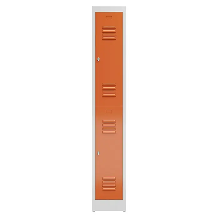 Lüllmann ClassiX Spind - H x B x T: 180 x 31 x 50 cm, Lichtgrau/Feuerrot, Fertig montiert, Anzahl Fächer: 2 Stk. - Ein orangefarbener Metallschrank mit zwei Fächern, ideal für die Aufbewahrung. Robust und platzsparend.