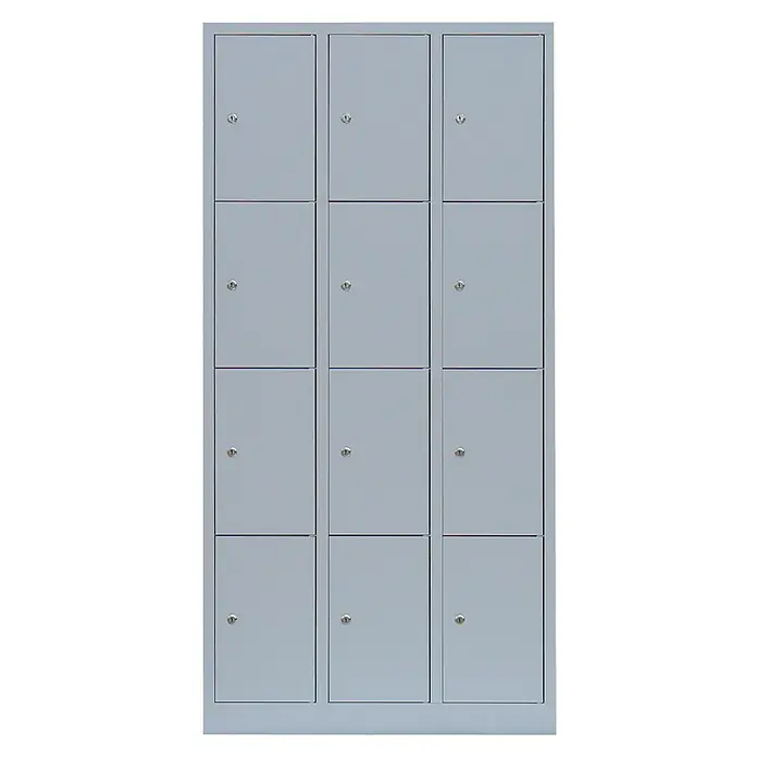 Lüllmann Schließfachschrank - H x B x T: 180 x 88,5 x 50 cm, Lichtgrau, Fertig montiert, Anzahl Fächer: 12 Stk. - Grauer Metallschrank mit zwölf Fächern und Schlössern, ideal für die sichere Aufbewahrung persönlicher Gegenstände.