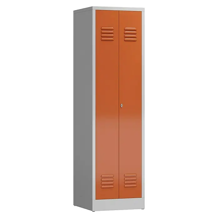 Lüllmann ClassiX Metall-Mehrzweckschrank - H x B x T: 180 x 50 x 50 cm, Lichtgrau/Feuerrot, Fertig montiert, Anzahl Böden: 4 Stk. - Schmaler, orangefarbener Metallschrank mit zwei Türen und Belüftungsschlitzen für Büro oder Werkstatt. Praktisch und robust.