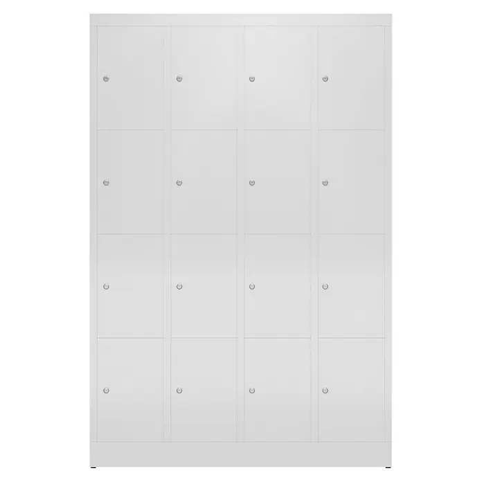 Lüllmann ClassiX Schließfachschrank - H x B x T: 180 x 118,5 x 50 cm, Lichtgrau, Fertig montiert, Anzahl Fächer: 16 Stk. - Abbildung eines weißen Schließfachschranks mit sechzehn Fächern, jedes mit einem Drehriegelverschluss, ideal für sichere Aufbewahrung.