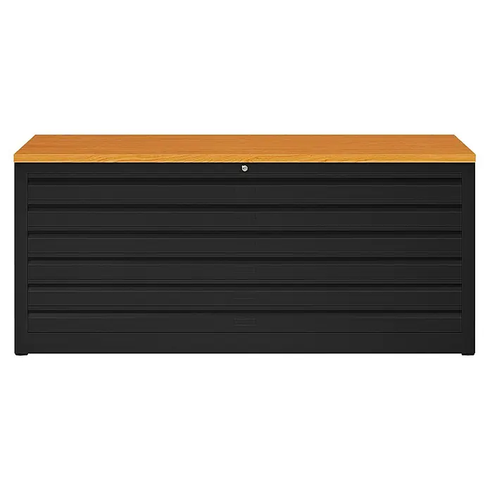 Lüllmann Planschrank - H x B x T: 60,5 x 140,5 x 95,5 cm, Tiefschwarz/Buche, Fertig montiert, Anzahl Schubladen: 6 Stk. - Schwarzer Werkzeugschrank mit einer hellen Holzplatte, ideal für die Werkstatt. Solide Konstruktion für sichere Aufbewahrung von Werkzeugen.