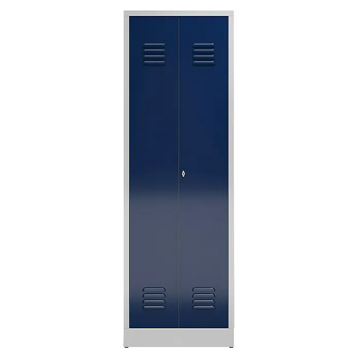 Lüllmann ClassiX Metall-Mehrzweckschrank - H x B x T: 180 x 59 x 50 cm, Lichtgrau/Enzianblau, Fertig montiert, Anzahl Böden: 4 Stk. - Blauer Metallschrank mit zwei Türen, ideal für die Aufbewahrung in Schulen, Büros oder Sporteinrichtungen. Praktisch und robust.