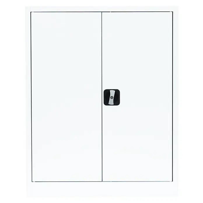 Lüllmann Metall-Mehrzweckschrank - H x B x T: 100 x 80 x 38,3 cm, Signalweiß, Fertig montiert, Anzahl Böden: 2 Stk. - Ein weißer zweitüriger Metallschrank mit einem schwarzen Griff in der Mitte. Ideal für Büro oder Werkstatt.