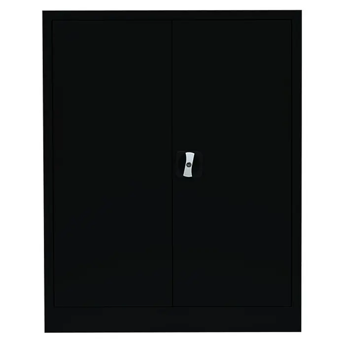 Lüllmann Metall-Mehrzweckschrank - H x B x T: 100 x 80 x 38,3 cm, Tiefschwarz, Fertig montiert, Anzahl Böden: 2 Stk. - Schwarzer Schrank mit zwei Türen und einem silbernen Griff in der Mitte. Der Schrank ist schlicht und modern gestaltet.