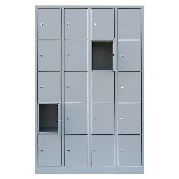 Lüllmann Schließfachschrank - H x B x T: 180 x 117 x 50 cm, Lichtgrau, Fertig montiert, Anzahl Fächer: 20 Stk. - Eine graue Schließfachanlage mit mehreren verschlossenen Fächern und zwei offenen Fächern.