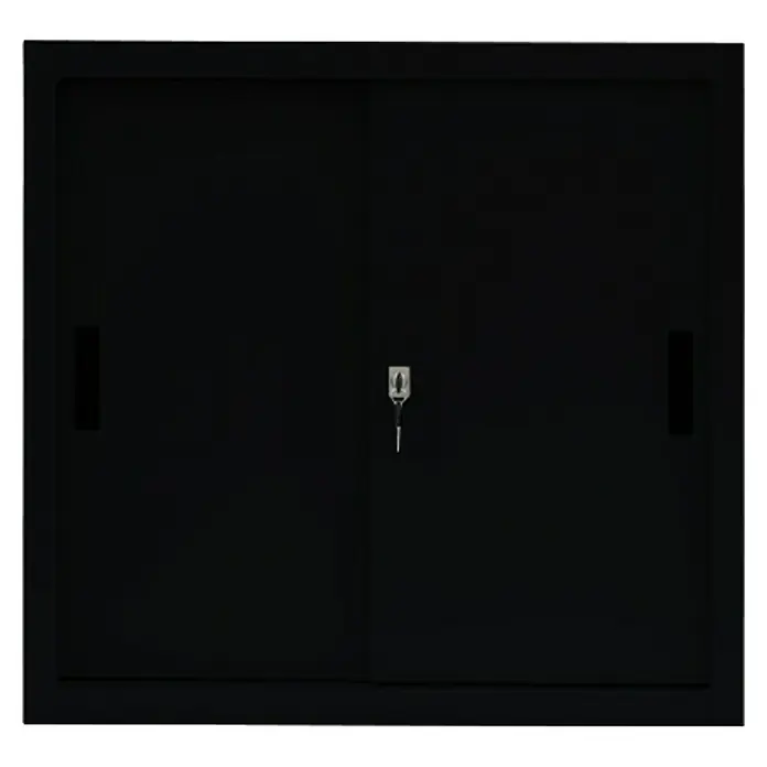 Lüllmann Schiebetür Schrank - H x B x T: 75 x 80 x 45 cm, Tiefschwarz, Fertig montiert, Anzahl Böden: 1 Stk. - Schwarzer Schrank mit Schiebetüren und einem Schloss in der Mitte, ideal für Büro oder Zuhause.
