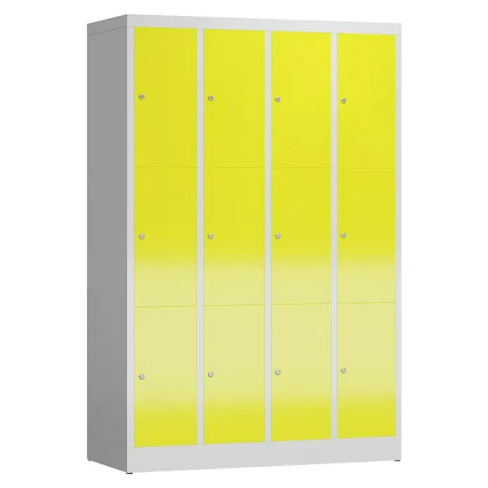 Lüllmann ClassiX Schließfachschrank - H x B x T: 180 x 118,5 x 50 cm, Lichtgrau/Zinkgelb, Fertig montiert, Anzahl Fächer: 12 Stk. - Gelbe Spindschränke mit vier Türen pro Säule, ideal für Schulen oder Umkleideräume, bieten sichere Aufbewahrung.
