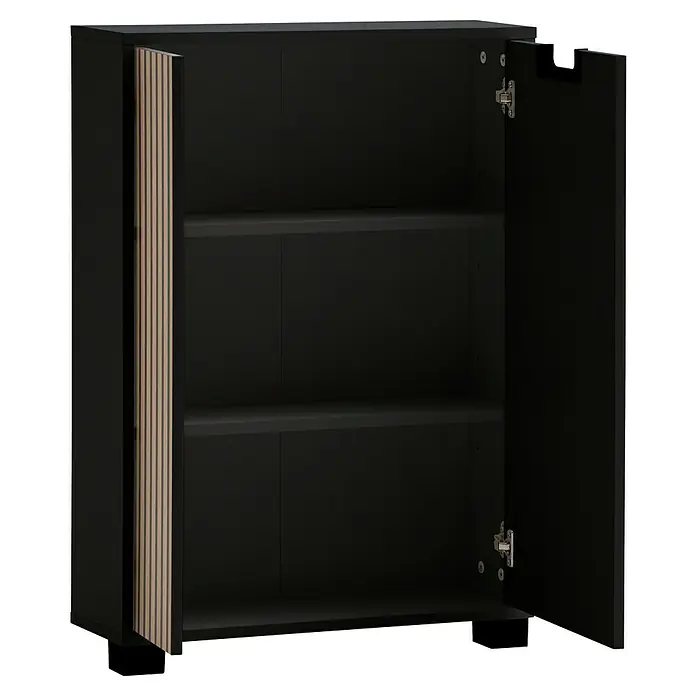 Schildmeyer Ryker Schrank - L x B x H: 19,5 x 59,8 x 85,2 cm, Schwarz - Ein offener dunkler Schrank mit zwei Einlegeböden und einer Tür mit Holzleisten für eine stilvolle Aufbewahrungslösung.