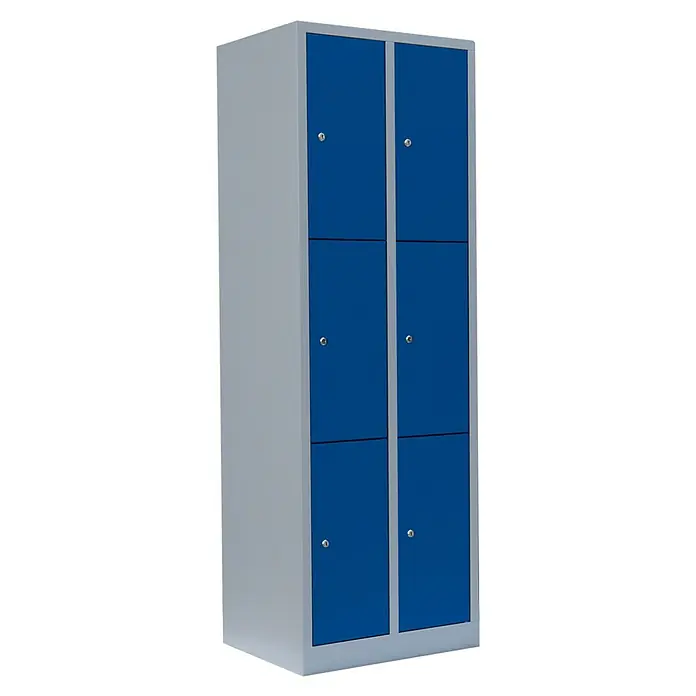 Lüllmann Schließfachschrank - H x B x T: 180 x 60 x 50 cm, Lichtgrau/Enzianblau, Fertig montiert, Anzahl Fächer: 6 Stk. - Blauer und grauer Spind mit sechs Fächern, ideal für Schulen und Büros, bietet sichere Aufbewahrung mit abschließbaren Türen.