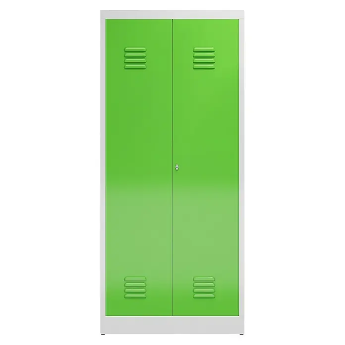 Lüllmann ClassiX Metall-Mehrzweckschrank - H x B x T: 180 x 80 x 50 cm, Lichtgrau/Gelbgrün, Fertig montiert, Anzahl Böden: 4 Stk. - Grüner Metallschrank mit zwei Türen und silbernem Rahmen, ideal für Schulen oder Umkleideräume.