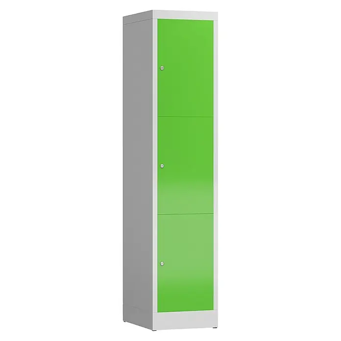 Lüllmann ClassiX Schließfachschrank - H x B x T: 180 x 41,5 x 50 cm, Lichtgrau/Gelbgrün, Fertig montiert, Anzahl Fächer: 3 Stk. - Ein dreitüriger, grüner Spind mit grauem Rahmen. Ideal für die Aufbewahrung von persönlichen Gegenständen in Schulen oder am Arbeitsplatz.
