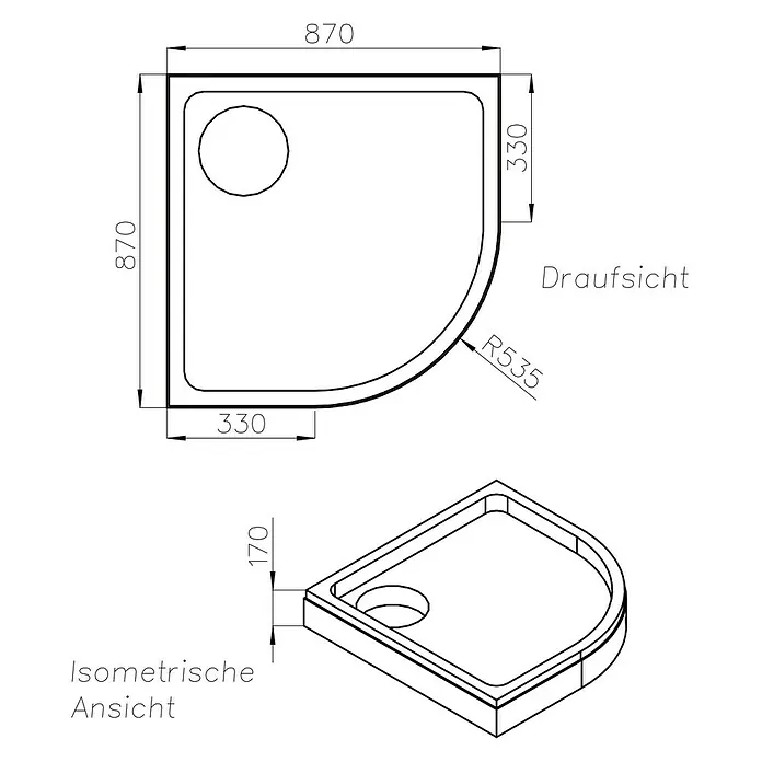 Ottofond Duschwannenträger Andros - L x B: 87 x 87 cm, Expandiertes Polystyrol, Weiß - Technische Zeichnung einer Duschwanne mit Maßen und isometrischer Ansicht.