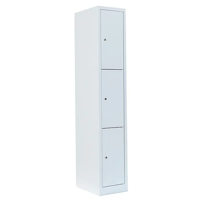Lüllmann Schließfachschrank - H x B x T: 180 x 31,5 x 50 cm, Signalweiß, Fertig montiert, Anzahl Fächer: 3 Stk. - Hier ist ein weißer Metallschrank mit drei abschließbaren Fächern, ideal für die sichere Aufbewahrung von persönlichen Gegenständen.