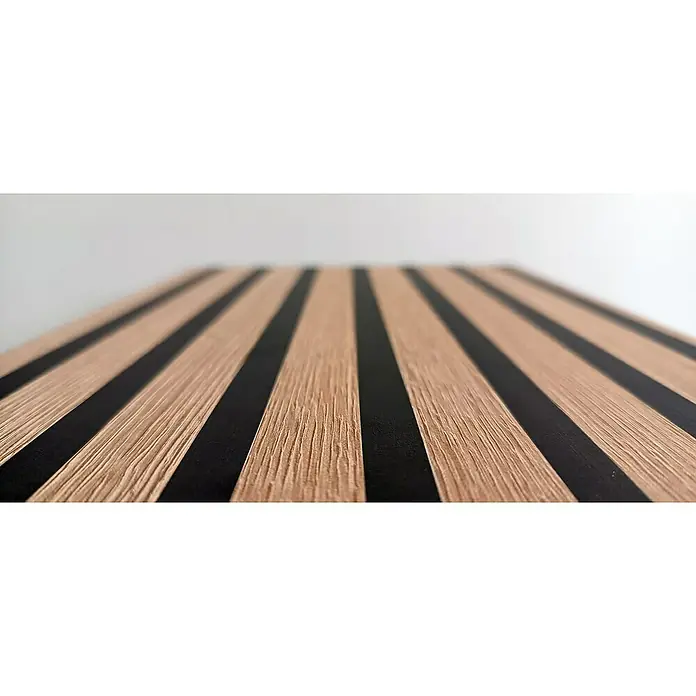 Schildmeyer Hank Rollcontainer - L x B x H: 50 x 40 x 57 cm, Schwarz/Artisan Eiche, Anzahl Schubladen: 3 Stk. - Detailaufnahme einer Akustikplatte mit Holzoberfläche und schwarzen Streifen, die ein modernes und stilvolles Design für Wandverkleidungen bietet.