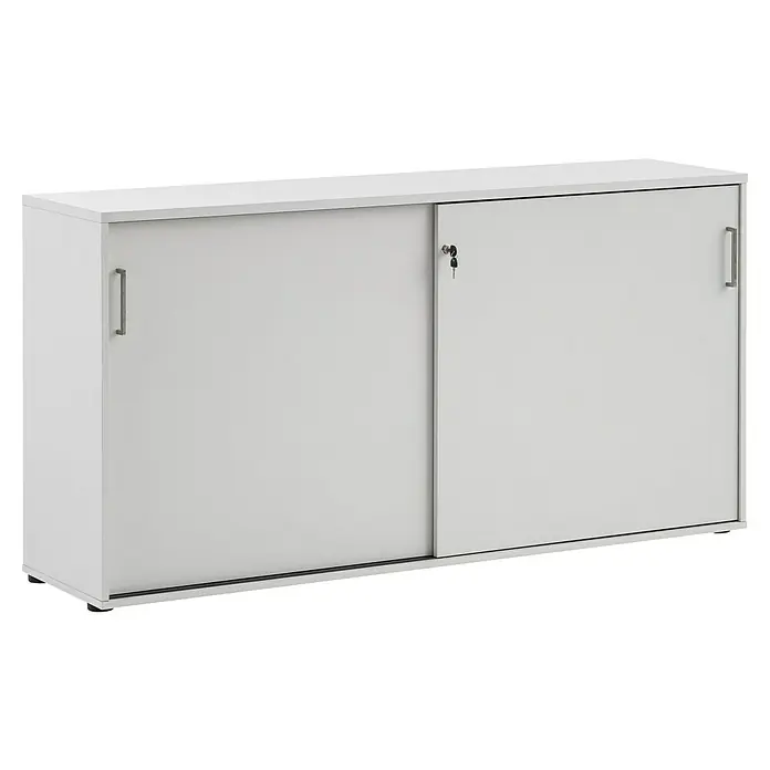 Schildmeyer 1500 Schiebetür Schrank - L x B x H: 41 x 160,2 x 84,2 cm, Lichtgrau - Weißer Büroschrank mit Schiebetüren und Griffen, ideal zur Aufbewahrung von Dokumenten und Büromaterialien, und einem Schloss zur Sicherung des Inhalts.