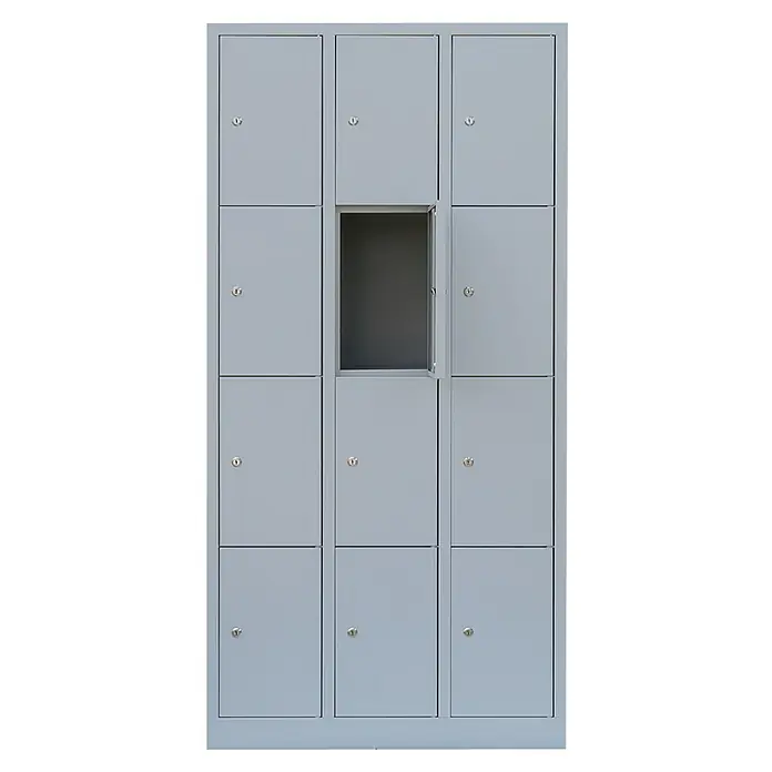 Lüllmann Schließfachschrank - H x B x T: 180 x 88,5 x 50 cm, Lichtgrau, Fertig montiert, Anzahl Fächer: 12 Stk. - Bild eines grauen Schließfachs mit einem offenen Fach.