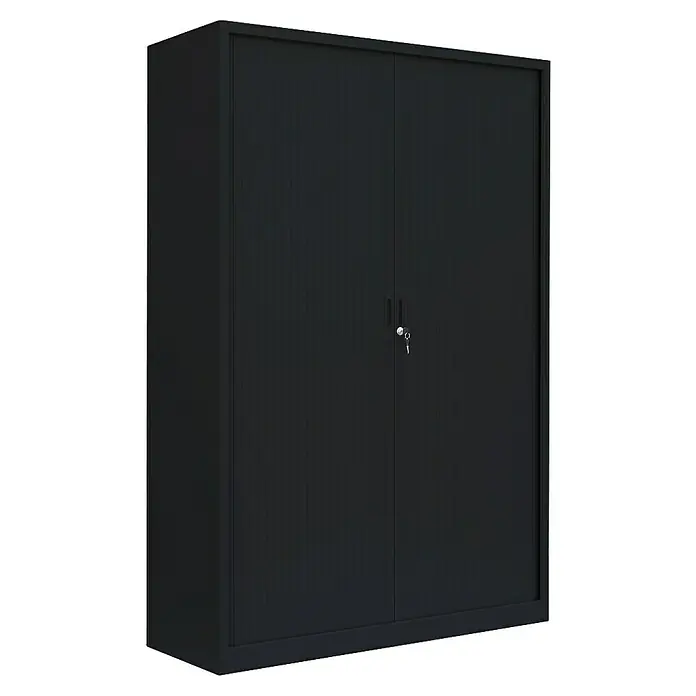 Lüllmann Rollladenschrank - H x B x T: 195 x 120 x 45,7 cm, Tiefschwarz, Fertig montiert, Anzahl Böden: 4 Stk. - Schwarzer Metallschrank mit zwei Türen und Schloss für Büro oder Lagerung. Solide Konstruktion für sichere Aufbewahrung.