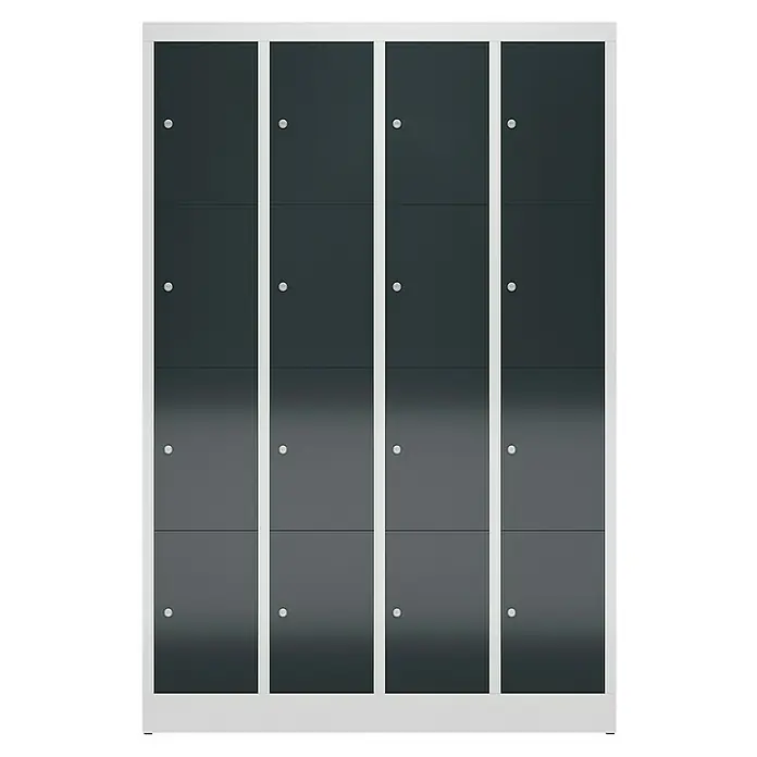 Lüllmann ClassiX Schließfachschrank - H x B x T: 180 x 118,5 x 50 cm, Lichtgrau/Anthrazit, Fertig montiert, Anzahl Fächer: 16 Stk. - Schrankanlage mit vier Spalten und vier Reihen grauer Fächer, eingefasst in einem weißen Rahmen. Ideal für Schulen oder Umkleideräume.