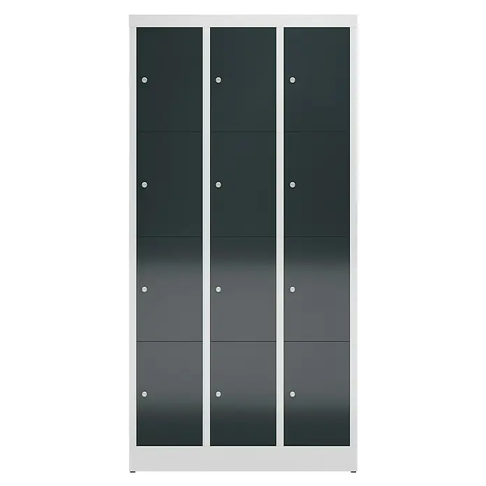 Lüllmann ClassiX Schließfachschrank - H x B x T: 180 x 87 x 50 cm, Lichtgrau/Anthrazit, Fertig montiert, Anzahl Fächer: 12 Stk. - Graue Spindschränke mit weißen Rahmen und silbernen Griffen bieten praktischen Stauraum und ein modernes Design für jeden Raum.