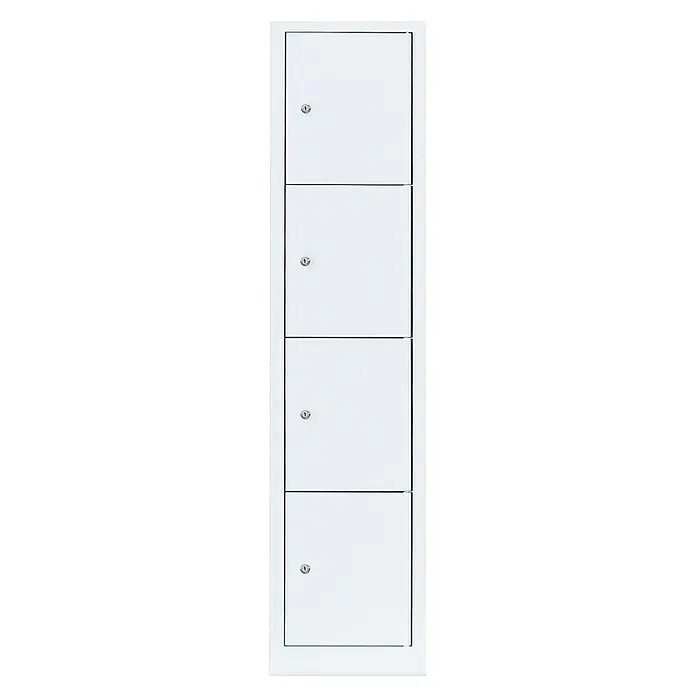 Lüllmann Schließfachschrank - H x B x T: 180 x 41,5 x 50 cm, Signalweiß, Fertig montiert, Anzahl Fächer: 4 Stk. - Schmaler, weißer Spindschrank mit vier abschließbaren Fächern. Ideal für Büros, Schulen oder Umkleideräume.