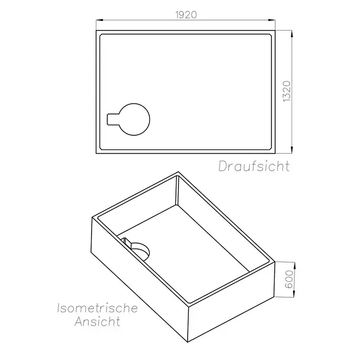 Ottofond Badewannenträger Ontario - Passend für: Ottofond Badewanne Ontario 195 x 135 cm - Schema eines rechteckigen Duschbeckens mit den Maßen 1920x1320x600 mm, Draufsicht und isometrische Ansicht, mit Abflussloch.