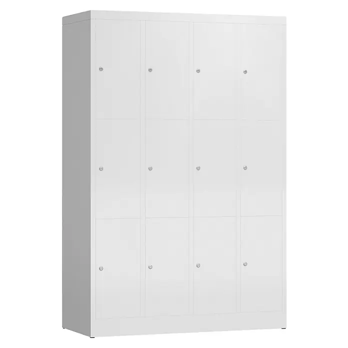 Lüllmann ClassiX Schließfachschrank - H x B x T: 180 x 118,5 x 50 cm, Signalweiß, Fertig montiert, Anzahl Fächer: 12 Stk. - Ein weißer, grosser, freistehender Schrank mit zwölf Türen, ideal für die Aufbewahrung und Organisation von Gegenständen.