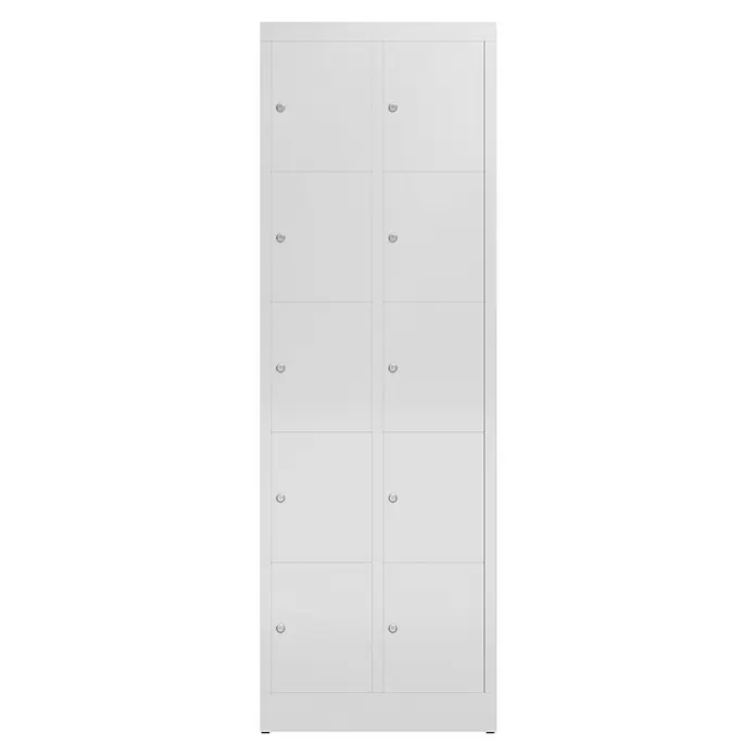 Lüllmann ClassiX Schließfachschrank - H x B x T: 180 x 59 x 50 cm, Lichtgrau, Fertig montiert, Anzahl Fächer: 10 Stk. - Ein kompakter weißer Metall-Garderobenschrank mit acht abschließbaren Fächern, ideal für Büros und Schulen, bietet sichere Aufbewahrung.