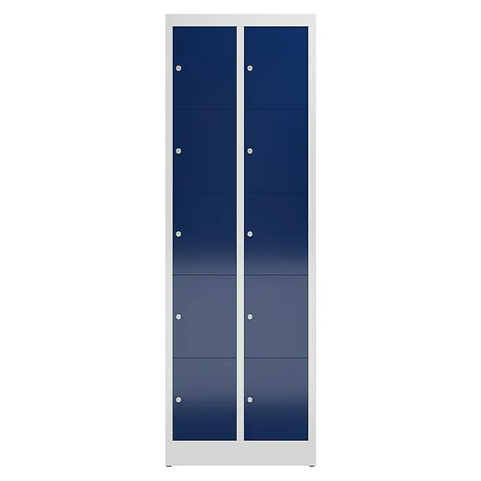 Lüllmann ClassiX Schließfachschrank - H x B x T: 180 x 59 x 50 cm, Lichtgrau/Enzianblau, Fertig montiert, Anzahl Fächer: 10 Stk. - Ein blauer Schrank mit sechs Fächern und weißen Akzenten für Büro oder Schule bietet eine praktische und stilvolle Aufbewahrungslösung.
