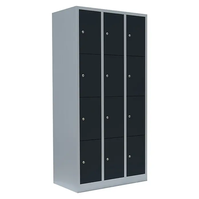 Lüllmann Schließfachschrank - H x B x T: 180 x 88,5 x 50 cm, Lichtgrau/Anthrazit, Fertig montiert, Anzahl Fächer: 12 Stk. - Schließfachschrank mit zwölf Fächern, ideal für Schulen oder Umkleideräume, in Grau und Schwarz.