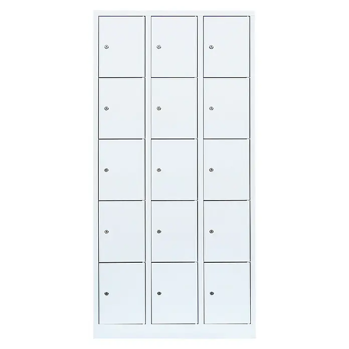 Lüllmann Schließfachschrank - H x B x T: 180 x 88,5 x 50 cm, Signalweiß, Fertig montiert, Anzahl Fächer: 15 Stk. - Bild eines weißen Metall-Schließfachschranks mit 15 Fächern und Schlössern. Ideal für Schulen oder Büros zur sicheren Aufbewahrung persönlicher Gegenstände.