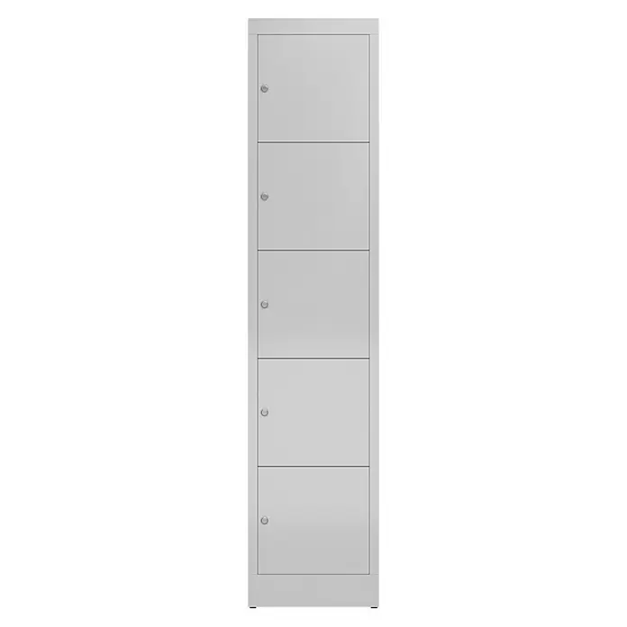 Lüllmann ClassiX Schließfachschrank - H x B x T: 180 x 41,5 x 50 cm, Lichtgrau, Fertig montiert, Anzahl Fächer: 5 Stk. - Ein schlanker, grauer Spind mit fünf abschließbaren Fächern, ideal für Büro oder Schule. Praktische Aufbewahrung in modernem Design.