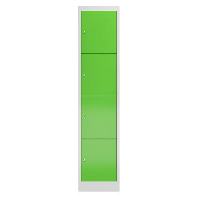 Lüllmann ClassiX Schließfachschrank - H x B x T: 180 x 41,5 x 50 cm, Lichtgrau/Gelbgrün, Fertig montiert, Anzahl Fächer: 4 Stk. - Grüner Spind mit vier Fächern und silbernen Griffen. Der Schrank hat einen weißen Rahmen und steht auf kleinen Füßen.