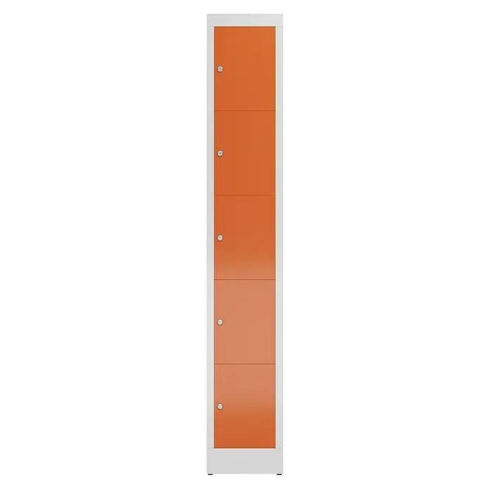 Lüllmann ClassiX Schließfachschrank - H x B x T: 180 x 31 x 50 cm, Lichtgrau/Feuerrot, Fertig montiert, Anzahl Fächer: 5 Stk. - Ein hochformatiges Bild einer modernen, orangefarbenen Tür mit weißem Rahmen und fünf runden Türknöpfen, die eine elegante Erscheinung bietet.
