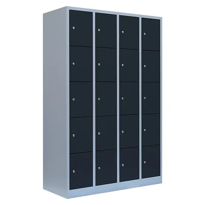 Lüllmann Schließfachschrank - H x B x T: 180 x 117 x 50 cm, Lichtgrau/Anthrazit, Fertig montiert, Anzahl Fächer: 20 Stk. - Graue Metallgarderobe mit schwarzen Türen und kleinen Schlössern, ideal für sichere Aufbewahrung.