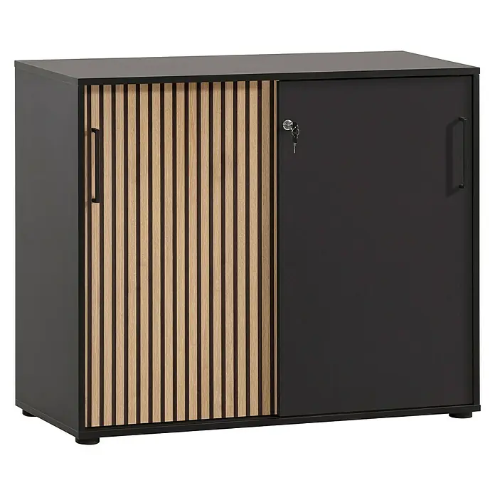 Schildmeyer Hank Schiebetürschrank - L x B x H: 41 x 100 x 83,5 cm, Schwarz/Artisan Eiche - Moderner Büroschrank mit Holzlamellenfront und abschließbarer Tür, ideal für stilvolle Büroorganisation.