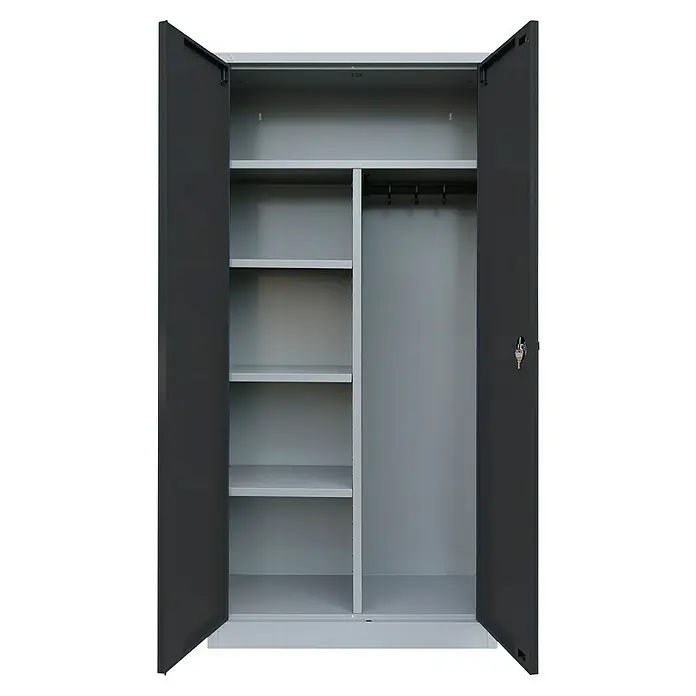 Lüllmann Metall-Mehrzweckschrank - H x B x T: 195 x 92,5 x 42,2 cm, Lichtgrau/Anthrazit, Vormontiert, Anzahl Böden: 3 Stk. - Innenansicht eines grauen Metallschranks mit offenen Türen, Regalen und Kleiderstange.