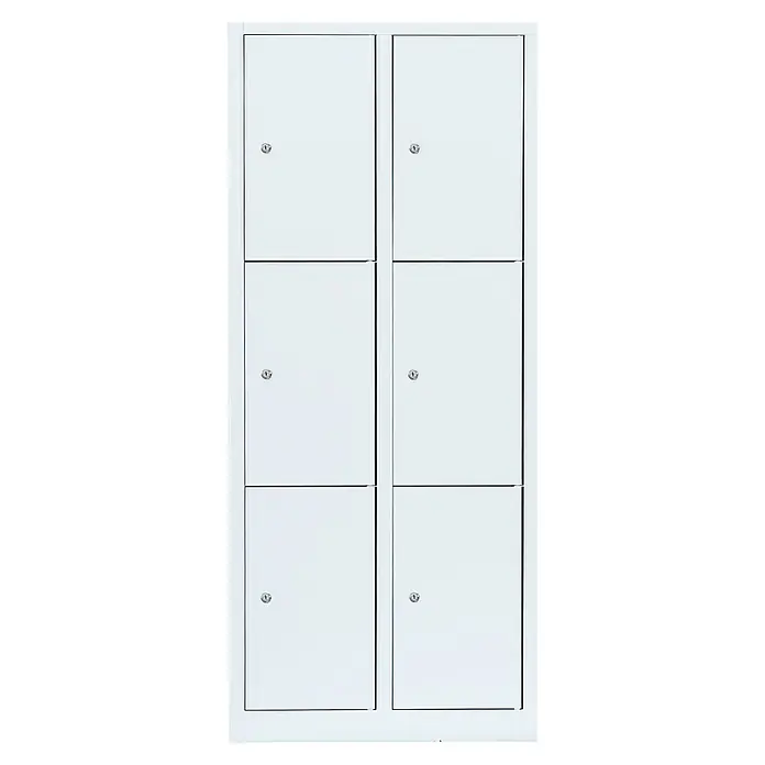 Lüllmann Schließfachschrank - H x B x T: 180 x 80 x 50 cm, Signalweiß, Fertig montiert, Anzahl Fächer: 6 Stk. - Eine Aufnahme eines weißen Metallschranks mit sechs Fächern, jedes Fach mit einem eigenen Schloss, für sichere Aufbewahrung.