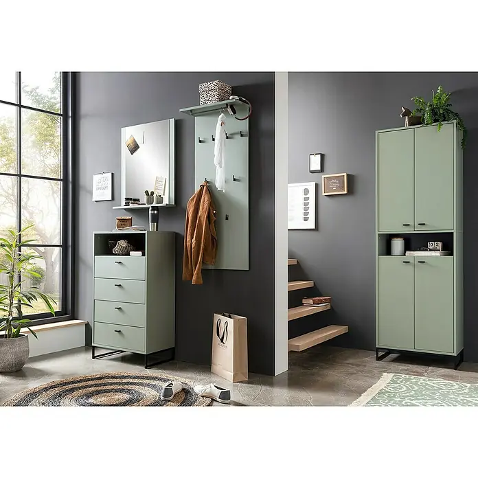 Schildmeyer Janne Garderobenpaneel - L x B x H: 20,9 x 50 x 110,6 cm, Pistazie - Heller Eingangsbereich mit einem modernen Schuhschrank in Salbei-Grün, Garderobenpaneel mit Spiegel und einer Bank. Dekorative Elemente setzen Akzente.
