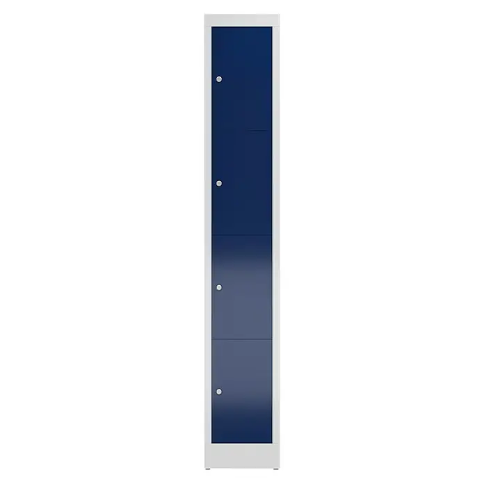 Lüllmann ClassiX Schließfachschrank - H x B x T: 180 x 31 x 50 cm, Lichtgrau/Enzianblau, Fertig montiert, Anzahl Fächer: 4 Stk. - Blaues, schlankes Schranksystem mit weißen Rahmen und vier silbernen Knöpfen zur optischen Akzentuierung der Möbelfront.