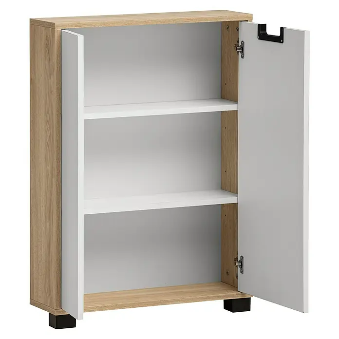 Schildmeyer Emmik Highboard - L x B x H: 19,5 x 59,9 x 85,2 cm, Weiß/Eiche, Matt - Hier ist ein offener Holzschrank mit zwei weißen Regalen und einer teilweise geöffneten Tür für einfache Aufbewahrung und Organisation.