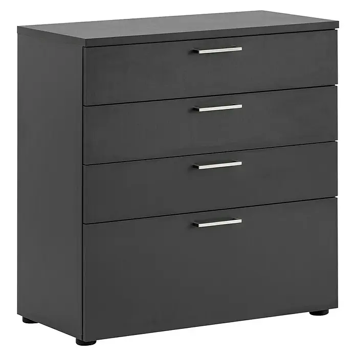 Schildmeyer 1500 Kommode - L x B x H: 41 x 80,2 x 84,2 cm, Anthrazit, Anzahl Schubladen: 4 Stk. - Das Bild zeigt einen schwarzen Kommodenschrank mit vier Schubladen und silbernen Griffen. Der Schrank ist modern und stilvoll.
