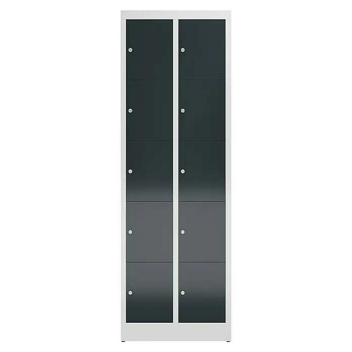 Lüllmann ClassiX Schließfachschrank - H x B x T: 180 x 59 x 50 cm, Lichtgrau/Anthrazit, Fertig montiert, Anzahl Fächer: 10 Stk. - Das Bild zeigt einen grauen Schrank mit fünf Fächern und silbernen Knöpfen, umgeben von einem weißen Rahmen. Perfekt für die Organisation!