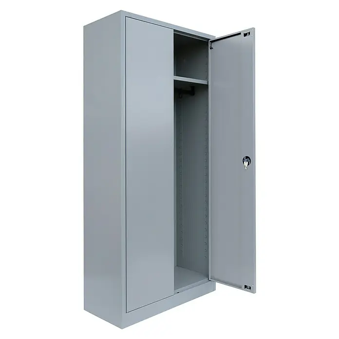 Lüllmann Metall-Mehrzweckschrank - H x B x T: 180 x 80 x 38,3 cm, Lichtgrau, Fertig montiert, Anzahl Böden: 3 Stk. - Grauer Metallschrank mit offener Tür, der sein Regal und seine robuste Bauweise zeigt. Ideal für Büro oder Werkstatt.